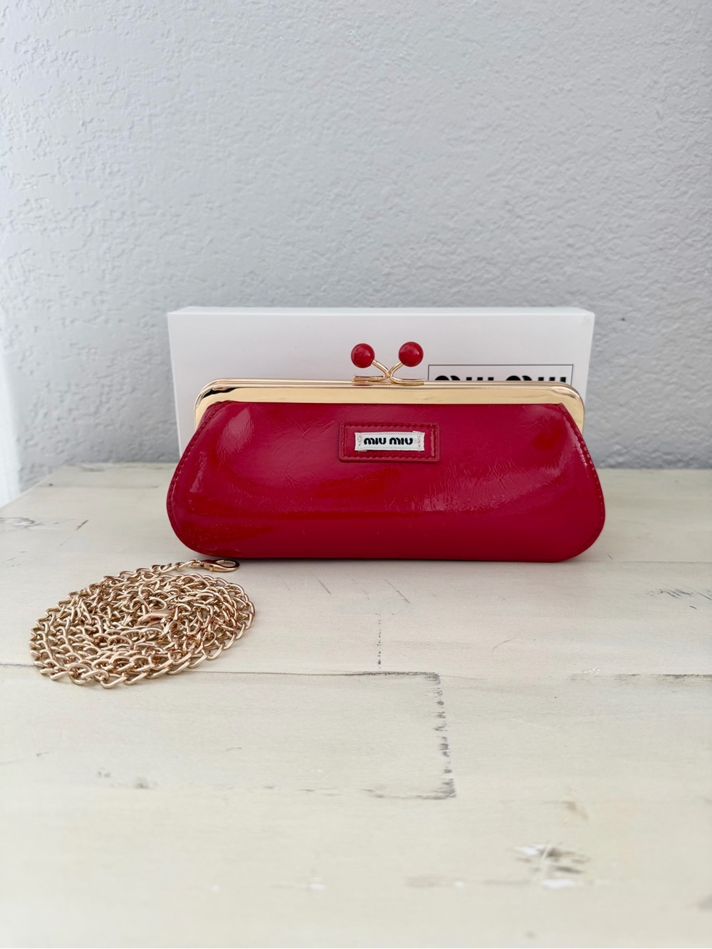 Miu Miu Glossy Red Patent Leather Kiss-Lock Clutch with Gold Chain